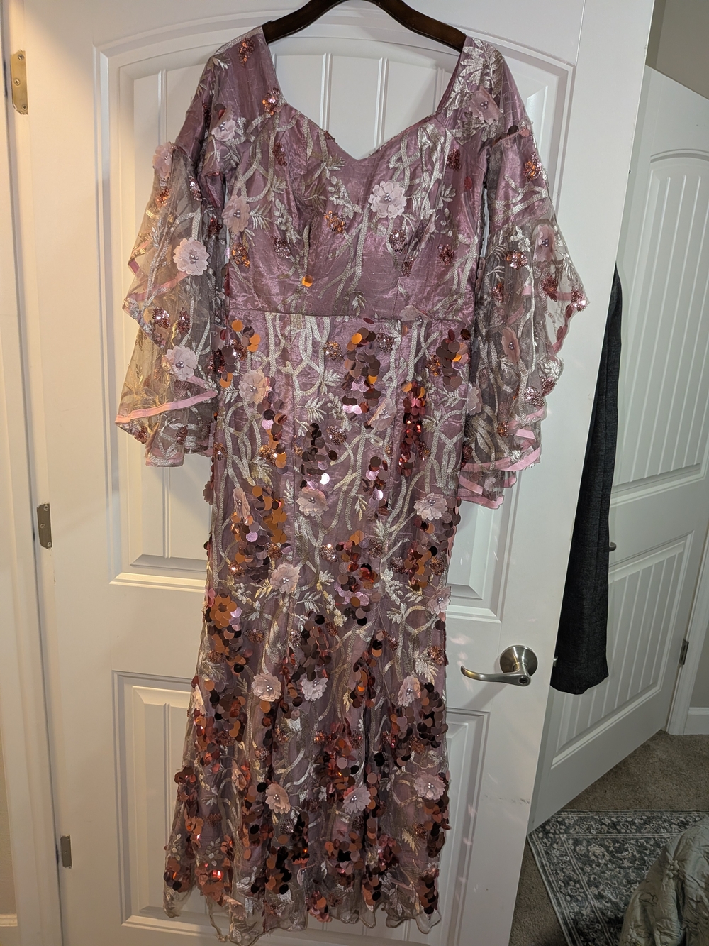 Mauve Sequin Floral Long-Sleeve Evening Dress